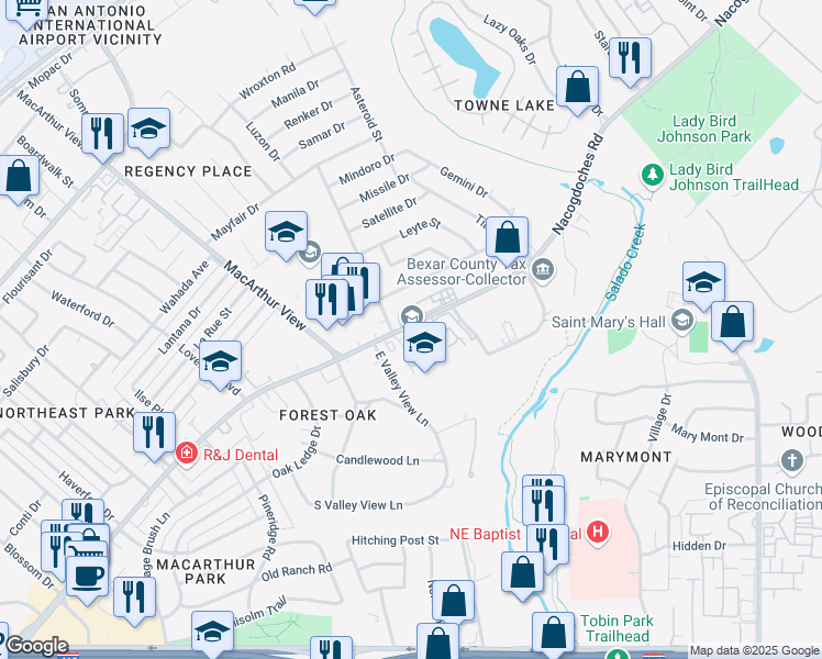 map of restaurants, bars, coffee shops, grocery stores, and more near 3250 Nacogdoches Road in San Antonio