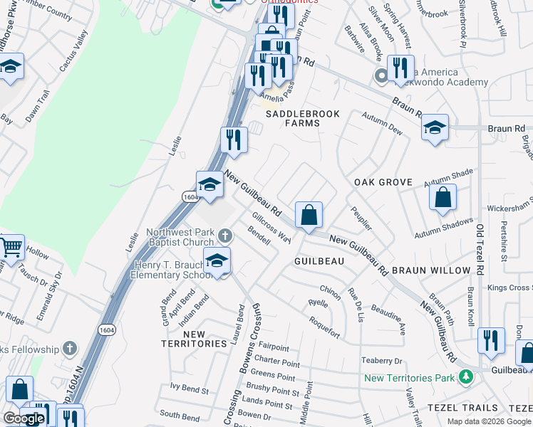 map of restaurants, bars, coffee shops, grocery stores, and more near 9434 Swans Crossing in San Antonio