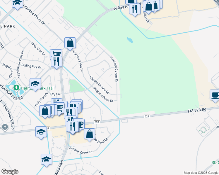 map of restaurants, bars, coffee shops, grocery stores, and more near 2838 Mayflower Landing Court in Webster