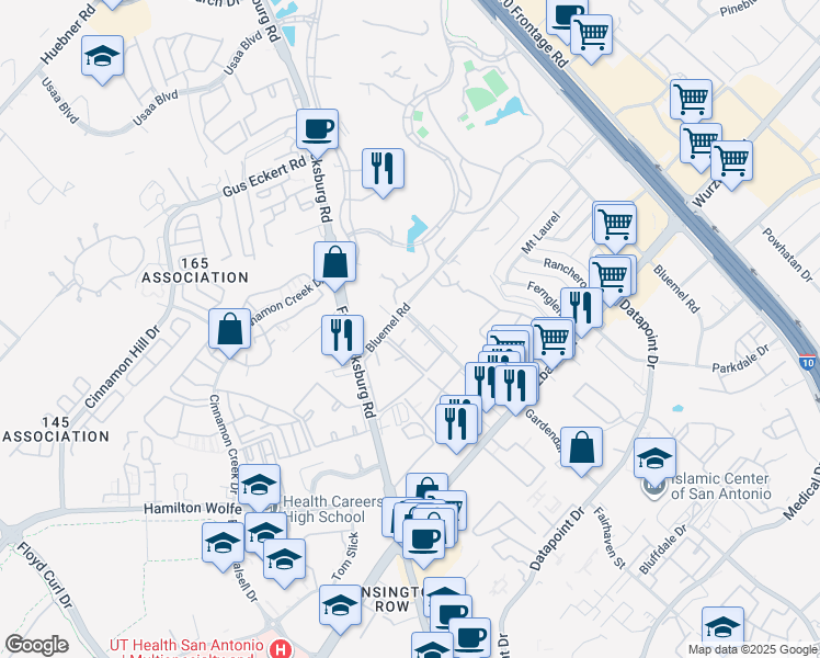 map of restaurants, bars, coffee shops, grocery stores, and more near 4615 Gardendale in San Antonio