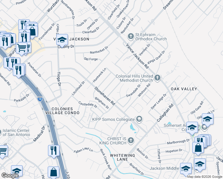map of restaurants, bars, coffee shops, grocery stores, and more near 9523 Sinsonte Street in San Antonio