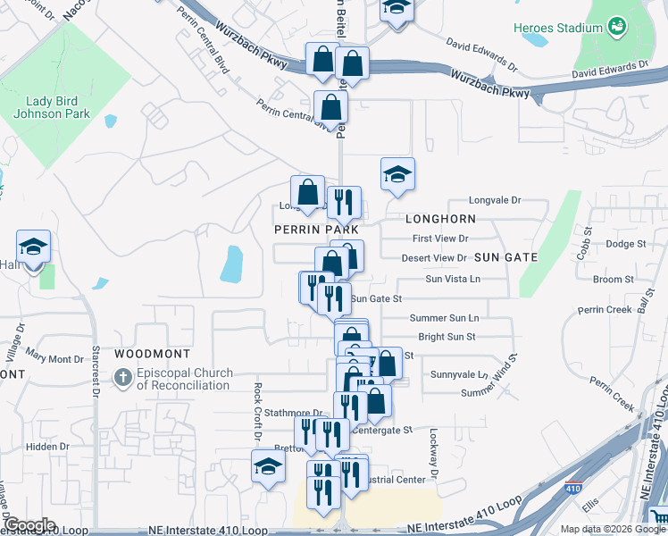 map of restaurants, bars, coffee shops, grocery stores, and more near 4142 Desert View Drive in San Antonio