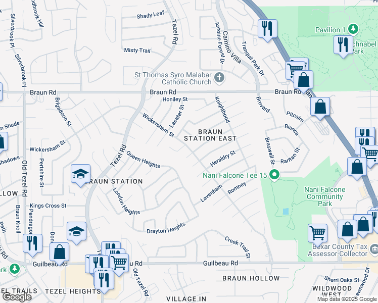 map of restaurants, bars, coffee shops, grocery stores, and more near 8503 Brixton in San Antonio
