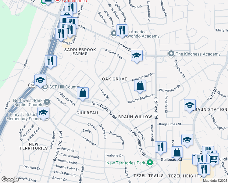 map of restaurants, bars, coffee shops, grocery stores, and more near 9514 Autumn Grove in San Antonio