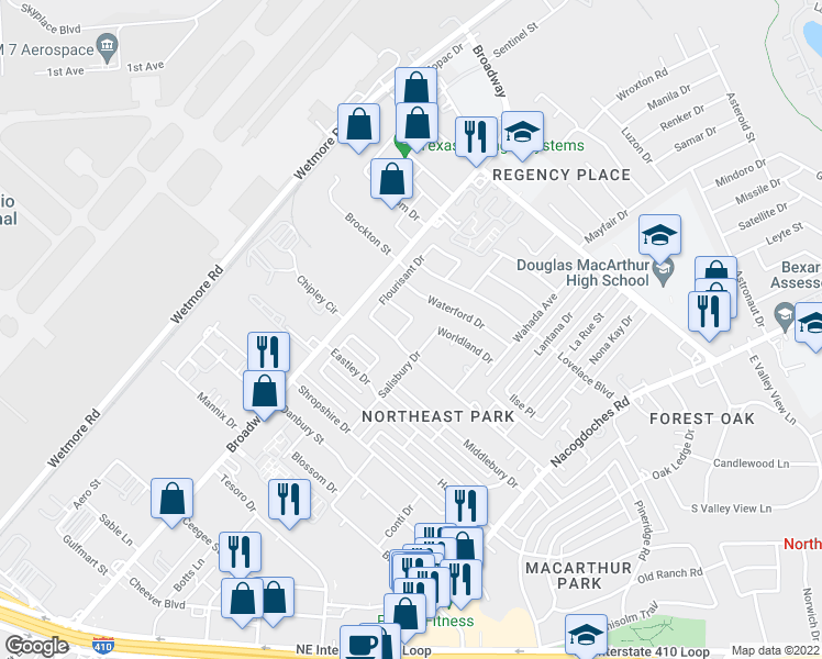 map of restaurants, bars, coffee shops, grocery stores, and more near 9610 Clarion Drive in San Antonio