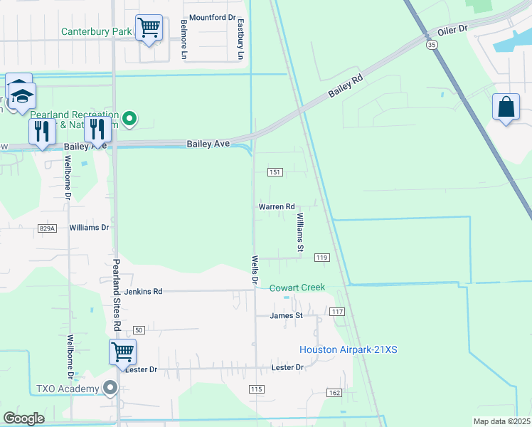 map of restaurants, bars, coffee shops, grocery stores, and more near 3502 Warren Road in Pearland