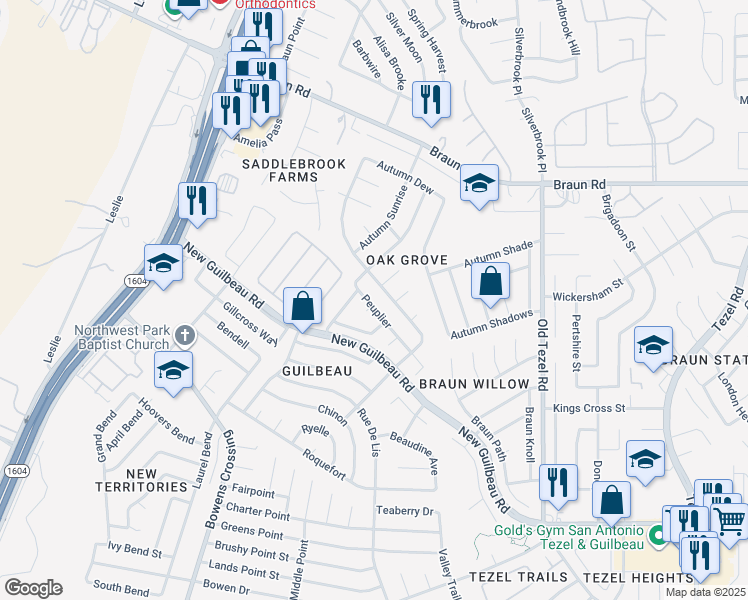 map of restaurants, bars, coffee shops, grocery stores, and more near 9215 Autumn Branches in San Antonio