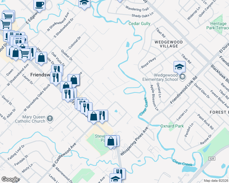 map of restaurants, bars, coffee shops, grocery stores, and more near 3 Whittier Drive in Friendswood