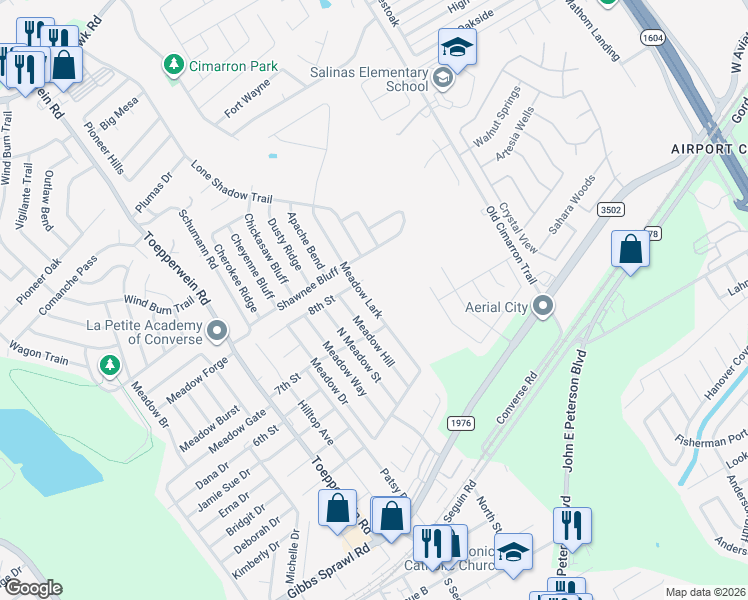 map of restaurants, bars, coffee shops, grocery stores, and more near 9822 Meadow Lark in Converse