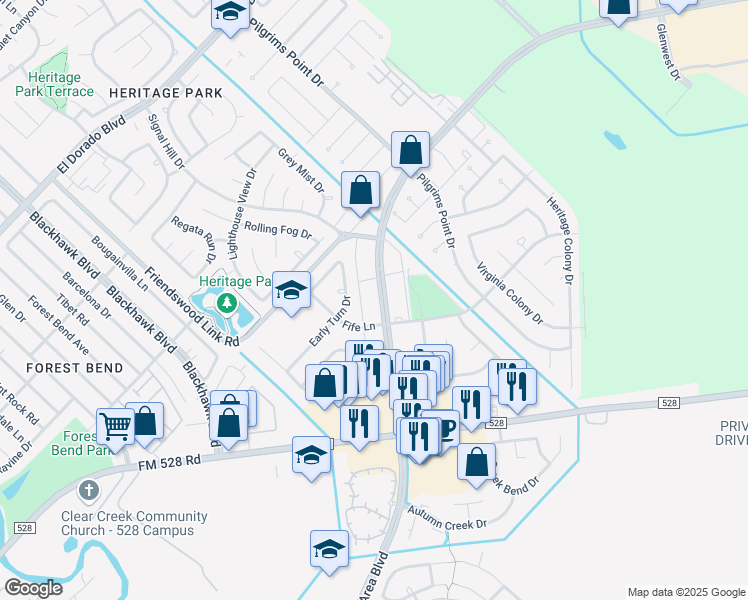map of restaurants, bars, coffee shops, grocery stores, and more near 40 Bay Area Boulevard in Webster