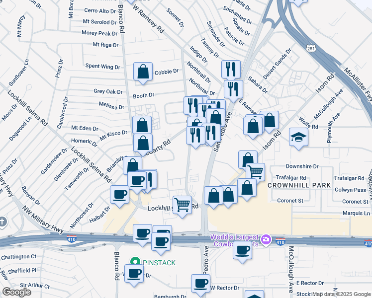 map of restaurants, bars, coffee shops, grocery stores, and more near 9525 Lorene in San Antonio