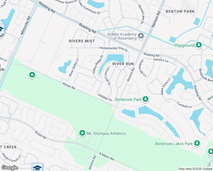 map of restaurants, bars, coffee shops, grocery stores, and more near 1010 Clover Leaf Court in Rosenberg