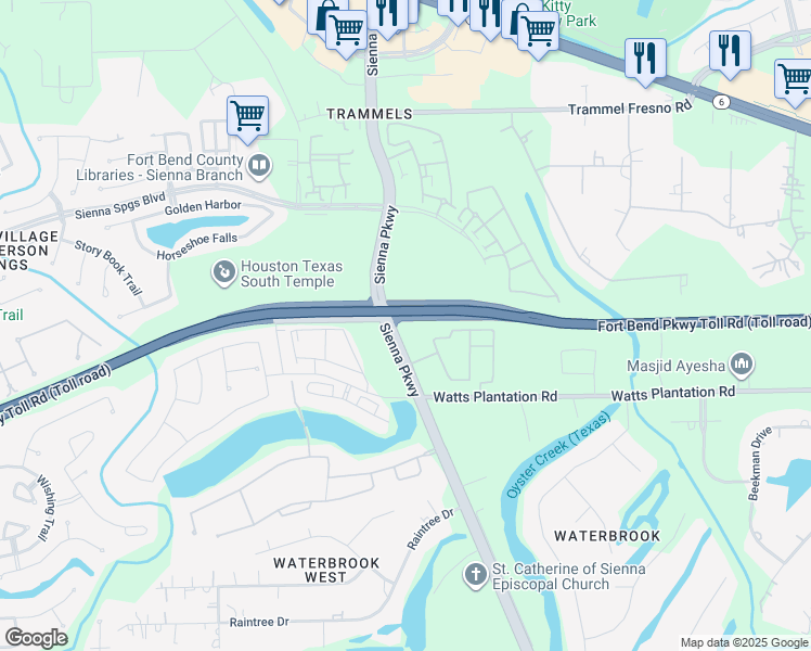 map of restaurants, bars, coffee shops, grocery stores, and more near 5330 Sienna Parkway in Missouri City