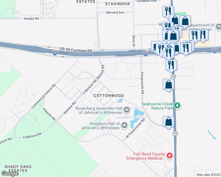 map of restaurants, bars, coffee shops, grocery stores, and more near 903 Wild Cotton Road in Rosenberg