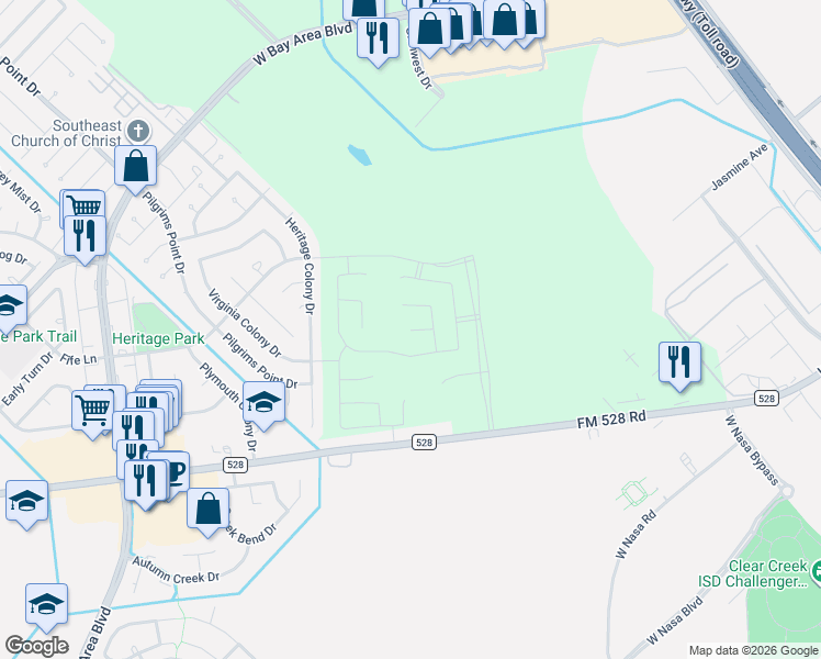 map of restaurants, bars, coffee shops, grocery stores, and more near 2815 Heritage Colony Drive in Webster