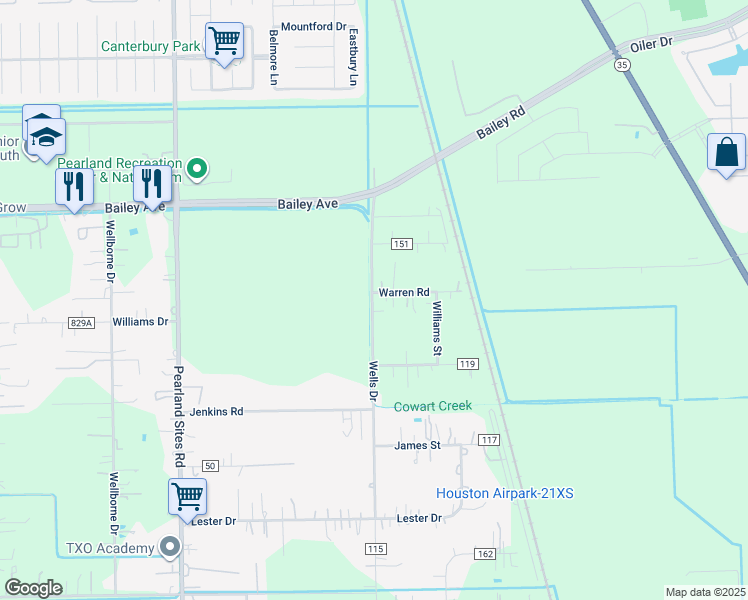 map of restaurants, bars, coffee shops, grocery stores, and more near 3502 Warren Road in Pearland