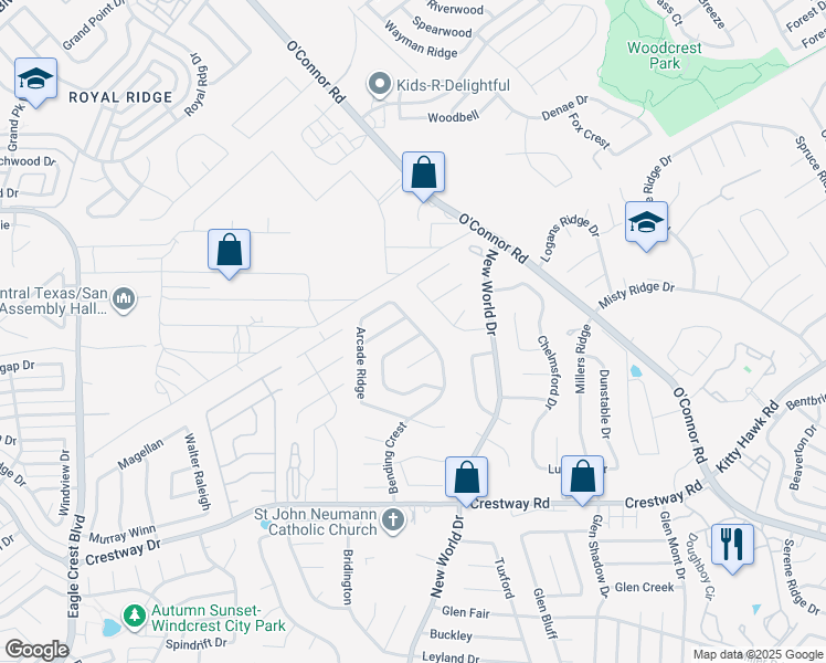 map of restaurants, bars, coffee shops, grocery stores, and more near 6751 Melody Canyon Drive in San Antonio