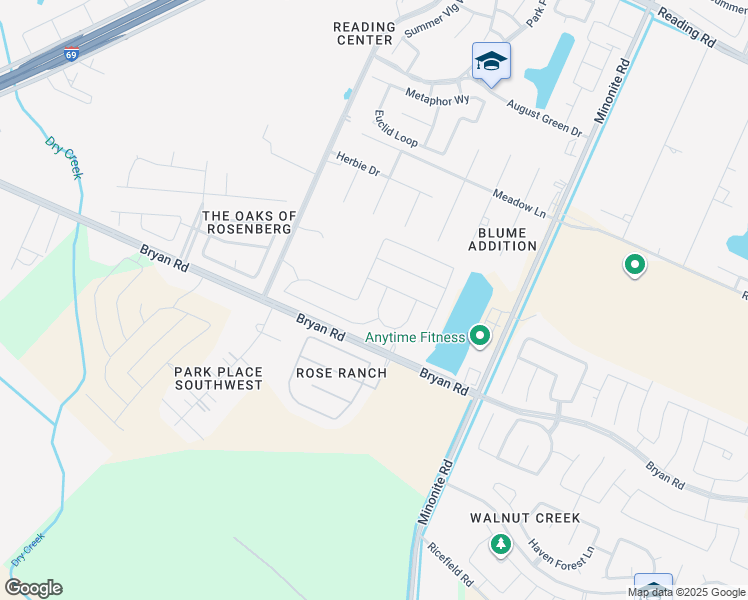 map of restaurants, bars, coffee shops, grocery stores, and more near 2516 Bryan Park Lane in Rosenberg