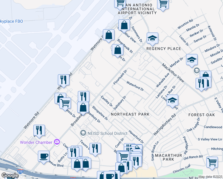 map of restaurants, bars, coffee shops, grocery stores, and more near 2510 Woodbury Drive in San Antonio