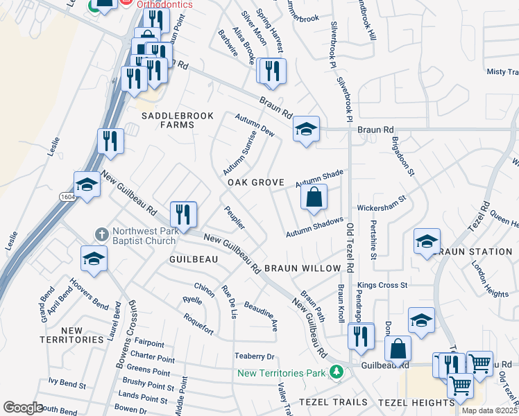 map of restaurants, bars, coffee shops, grocery stores, and more near 9514 Autumn Grove in San Antonio