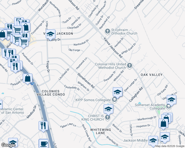map of restaurants, bars, coffee shops, grocery stores, and more near 9523 Sinsonte Street in San Antonio