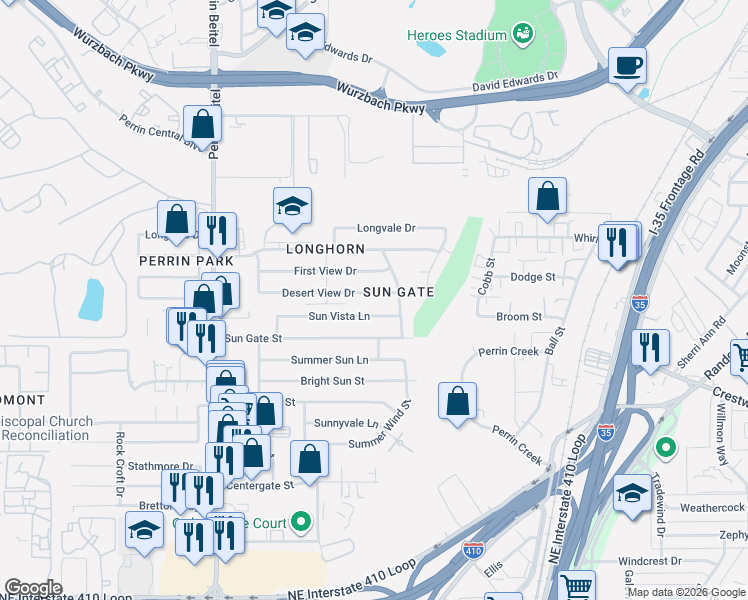map of restaurants, bars, coffee shops, grocery stores, and more near 4422 Desert View Drive in San Antonio