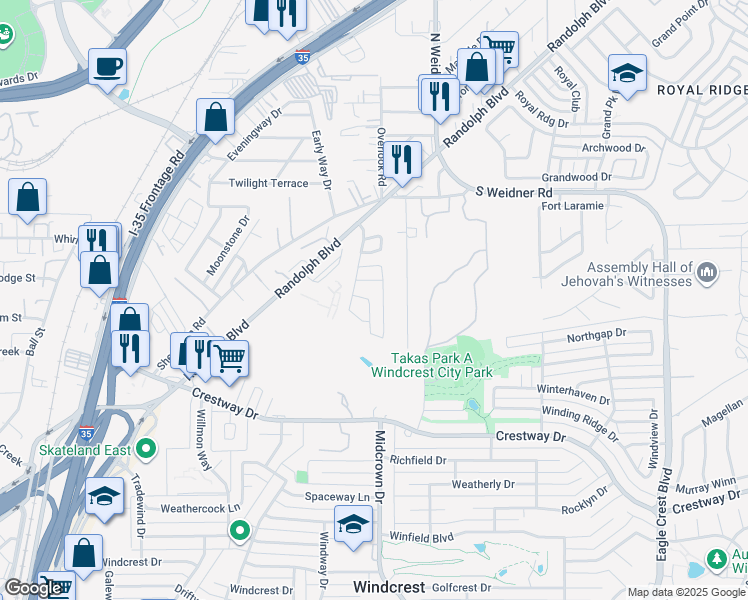 map of restaurants, bars, coffee shops, grocery stores, and more near 3 Adkins Ridge in San Antonio