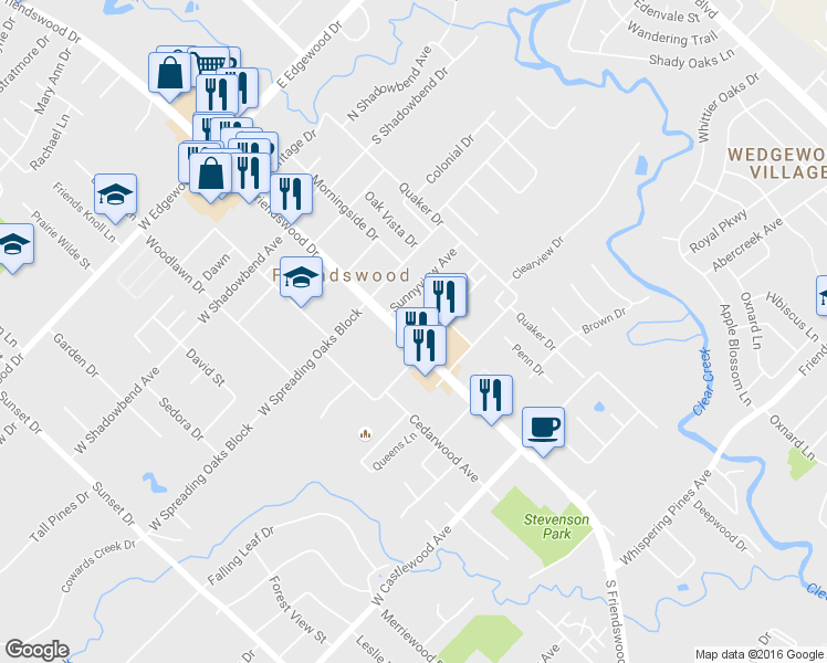 map of restaurants, bars, coffee shops, grocery stores, and more near 607 South Friendswood Drive in Friendswood