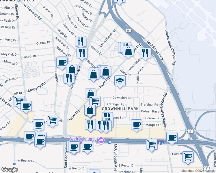 map of restaurants, bars, coffee shops, grocery stores, and more near 9526 Contessa Drive in San Antonio