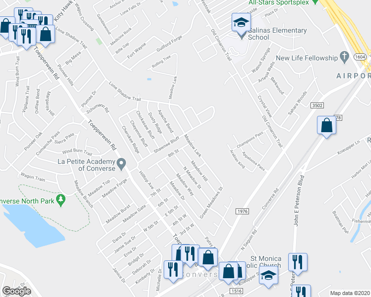 map of restaurants, bars, coffee shops, grocery stores, and more near 9840 Meadow Hill in Converse