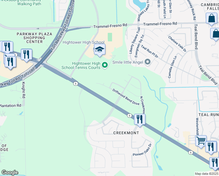 map of restaurants, bars, coffee shops, grocery stores, and more near Driftwood Bend Drive in Missouri City