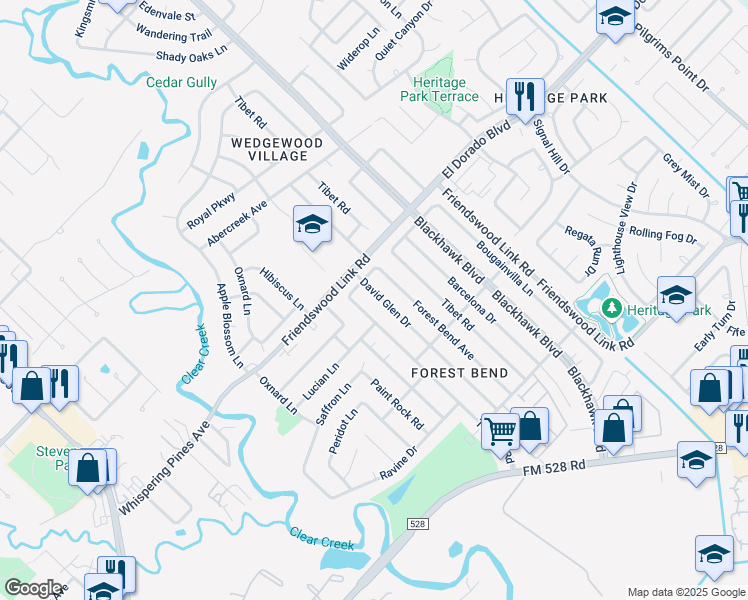 map of restaurants, bars, coffee shops, grocery stores, and more near 16618 David Glen Drive in Friendswood