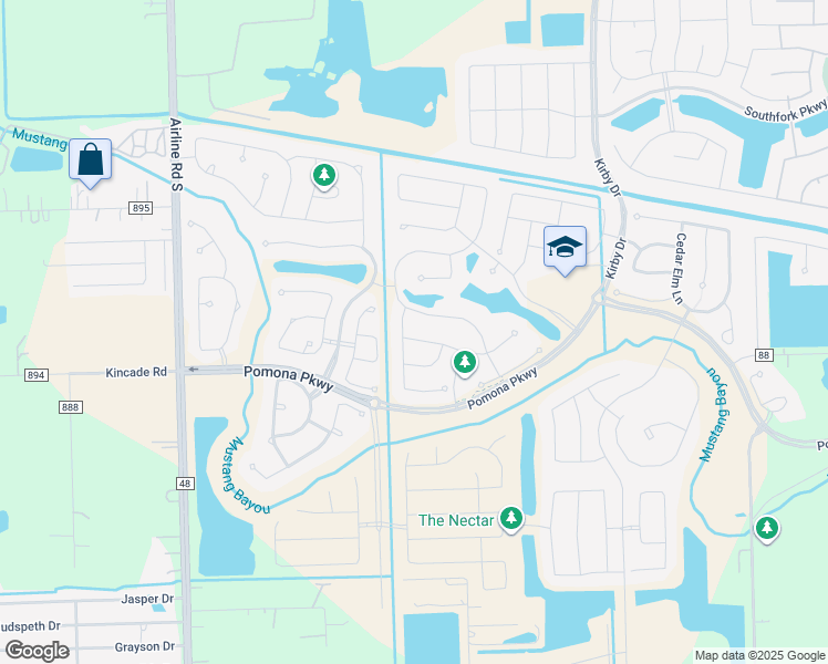 map of restaurants, bars, coffee shops, grocery stores, and more near 2307 Piney Creek Drive in Manvel