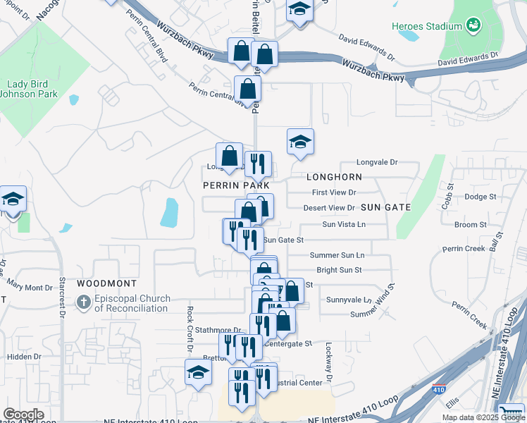 map of restaurants, bars, coffee shops, grocery stores, and more near 9528 Perrin Beitel Road in San Antonio