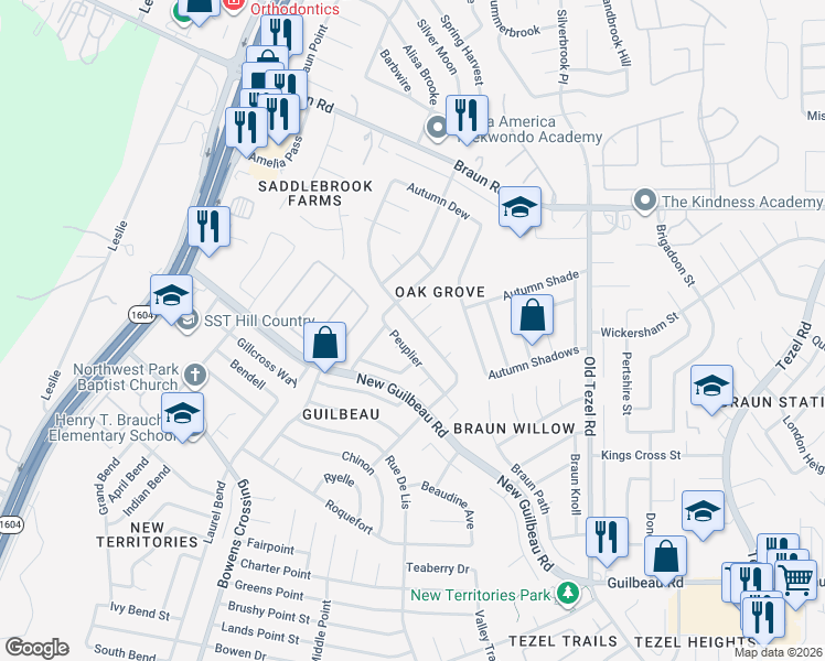 map of restaurants, bars, coffee shops, grocery stores, and more near 9215 Autumn Branches in San Antonio