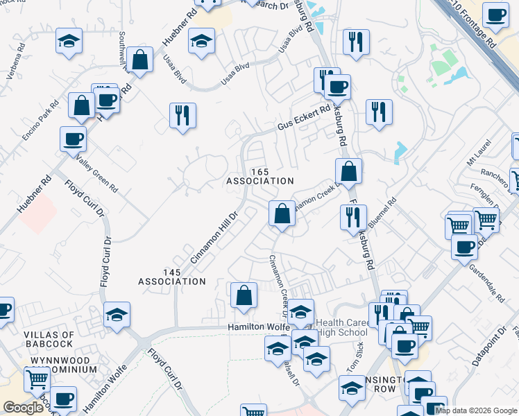 map of restaurants, bars, coffee shops, grocery stores, and more near 4907 Hill Mist in San Antonio