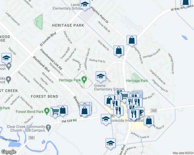 map of restaurants, bars, coffee shops, grocery stores, and more near 2923 Sailors Moon Drive in Friendswood