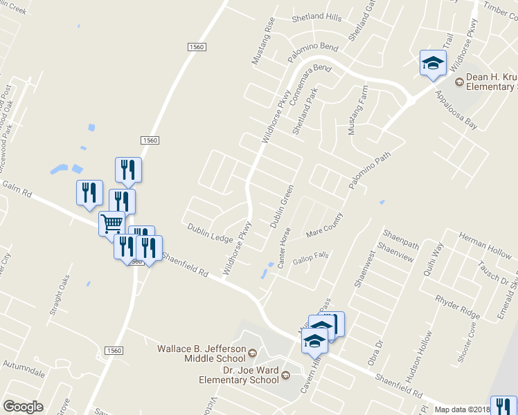 map of restaurants, bars, coffee shops, grocery stores, and more near 11030 Dublin Field in San Antonio