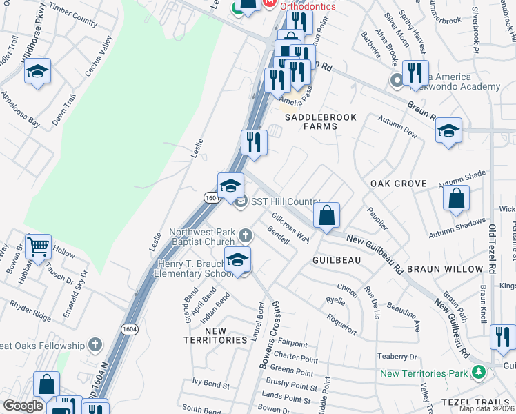 map of restaurants, bars, coffee shops, grocery stores, and more near 9514 Gillcross Way in San Antonio
