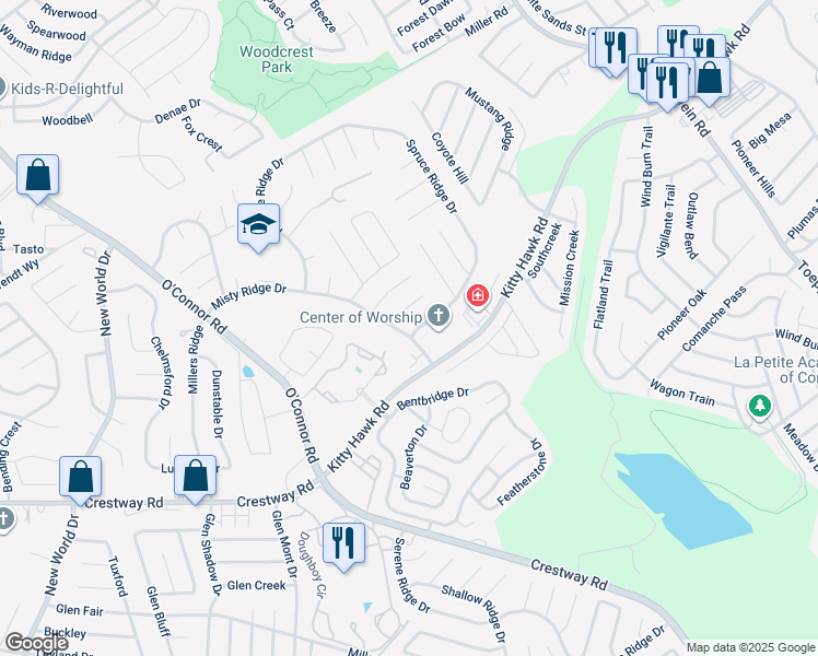 map of restaurants, bars, coffee shops, grocery stores, and more near 9701 Spruce Ridge Drive in Converse