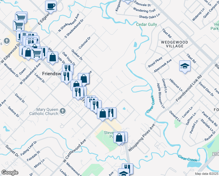 map of restaurants, bars, coffee shops, grocery stores, and more near 709 Quaker Drive in Friendswood