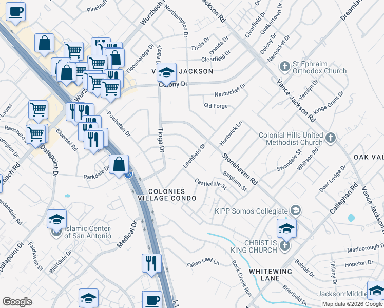 map of restaurants, bars, coffee shops, grocery stores, and more near 3610 Litchfield Street in San Antonio