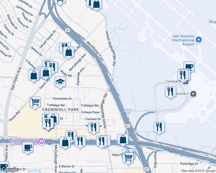 map of restaurants, bars, coffee shops, grocery stores, and more near 9601 McAllister Freeway in San Antonio