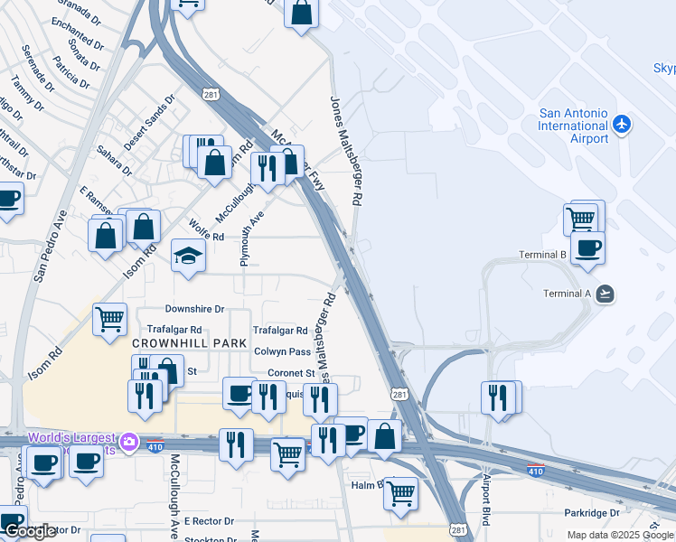 map of restaurants, bars, coffee shops, grocery stores, and more near 9601 McAllister Freeway in San Antonio