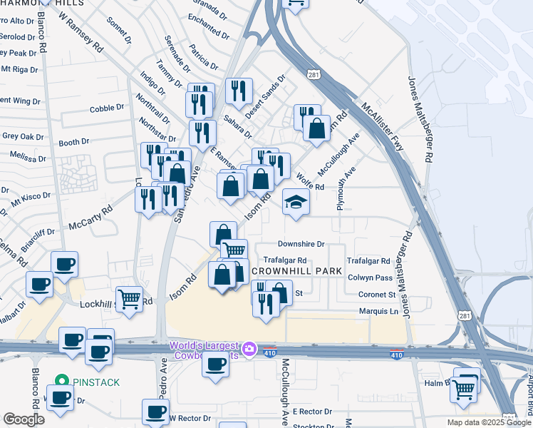 map of restaurants, bars, coffee shops, grocery stores, and more near 9526 Contessa Drive in San Antonio