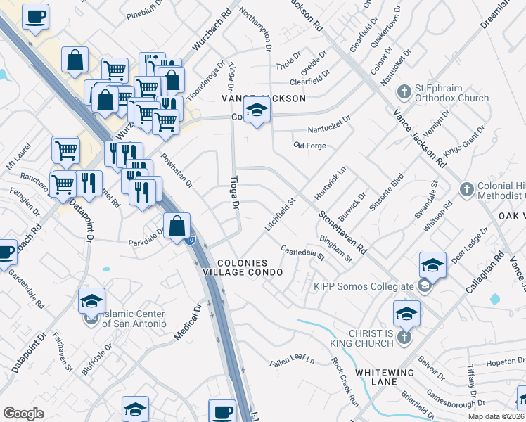 map of restaurants, bars, coffee shops, grocery stores, and more near 3414 Prince George Drive in San Antonio