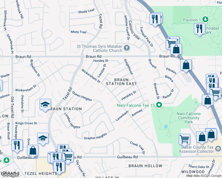 map of restaurants, bars, coffee shops, grocery stores, and more near 8503 Brixton in San Antonio