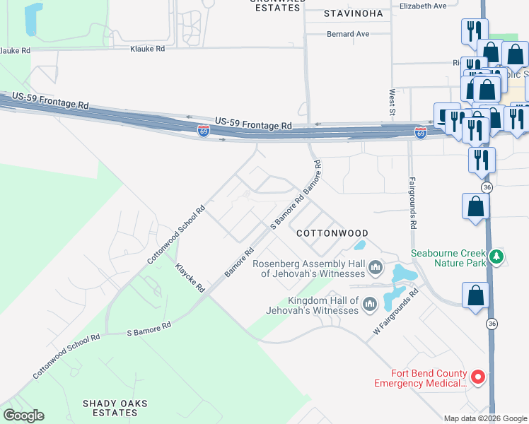 map of restaurants, bars, coffee shops, grocery stores, and more near 1621 Perennial Lane in Rosenberg