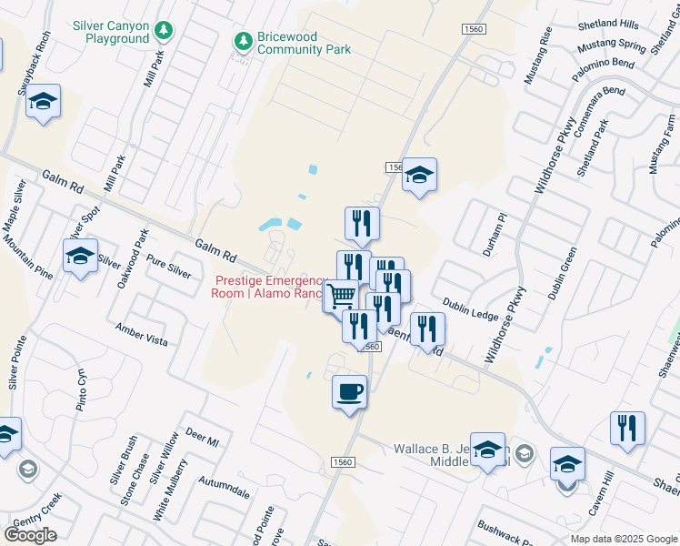 map of restaurants, bars, coffee shops, grocery stores, and more near 11505 Galm Road in Helotes