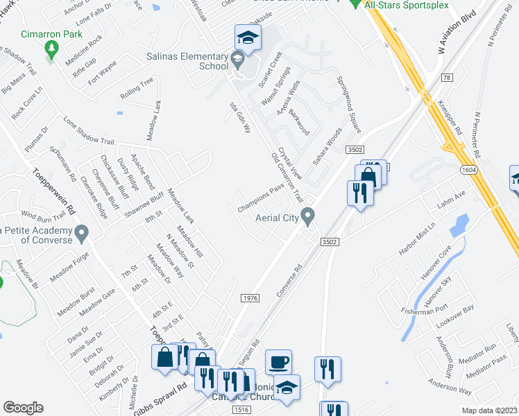 map of restaurants, bars, coffee shops, grocery stores, and more near 8914 Prized Pony in Converse